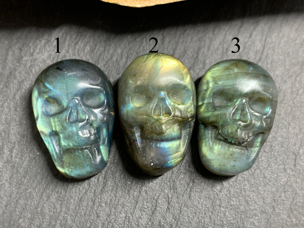 Labradorite Skull Carving 22mm long Blue-Green Flash Crystal Skull, Witchy Jewelry