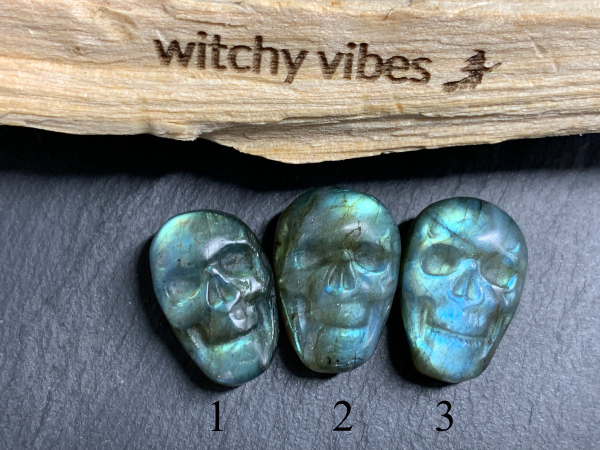 Labradorite Skull Carving 22mm long Blue-Green Flash Crystal Skull