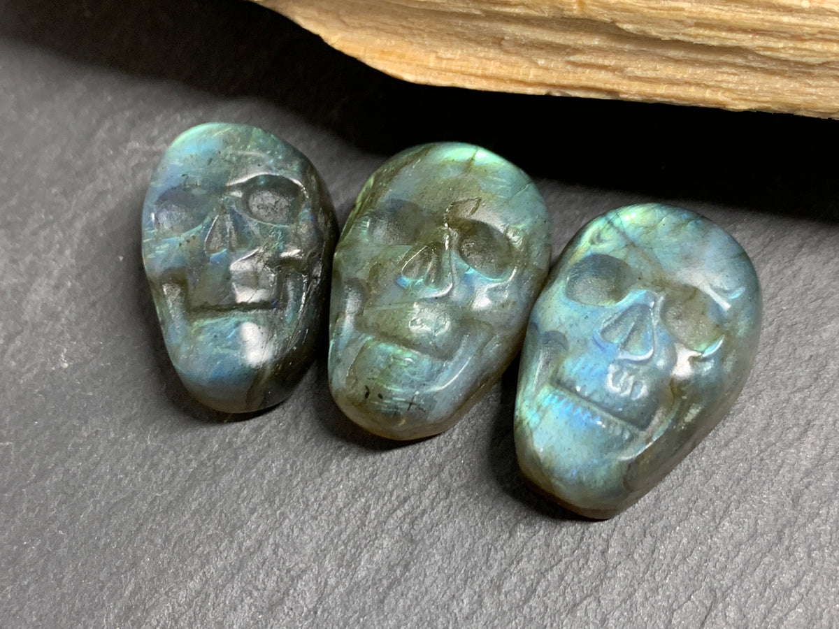 Labradorite Skull Carving 22mm long Blue-Green Flash Crystal Skull