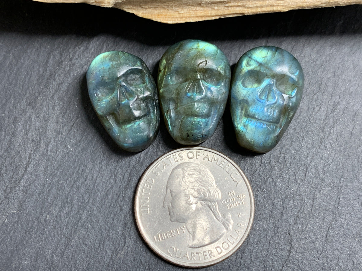 Labradorite Skull Carving 22mm long Blue-Green Flash Crystal Skull