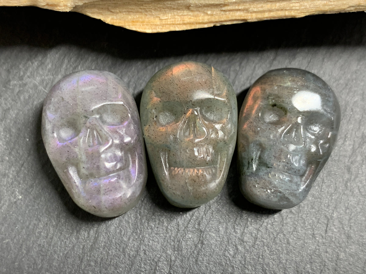 Labradorite Skull Carving 22mm, Pink- Purple Flash Crystal Skull