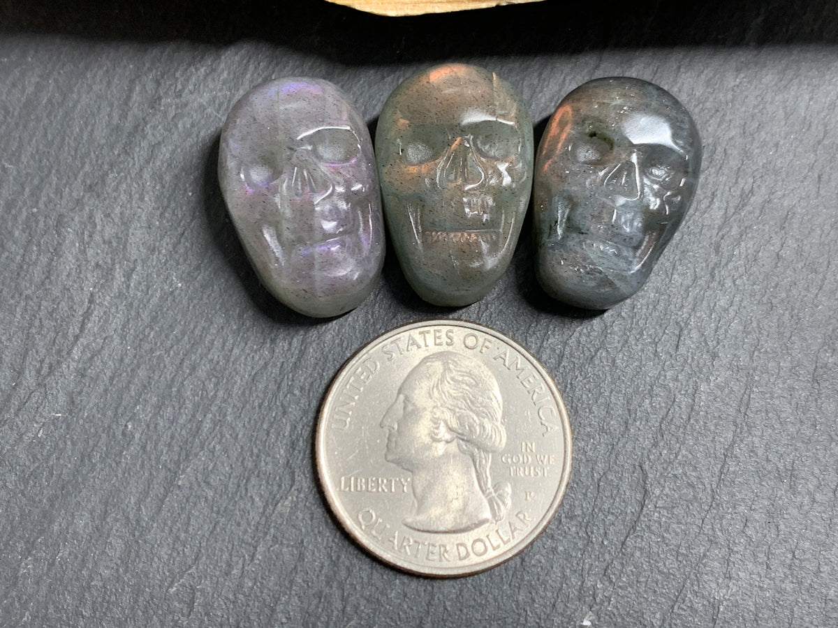 Labradorite Skull Carving 22mm, Pink- Purple Flash Crystal Skull