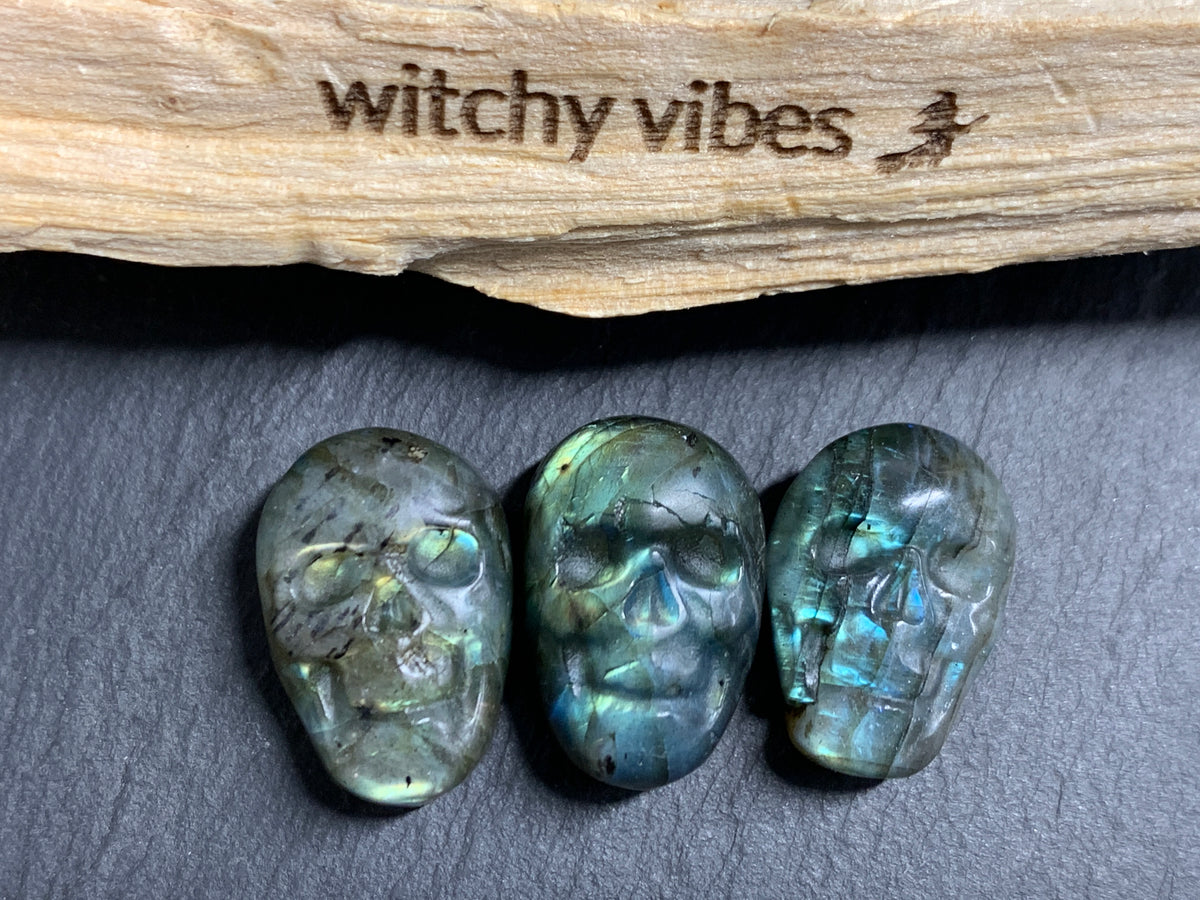 Labradorite Skull Carving 22mm long Blue-Green Flash Crystal Skull, Witchy Jewelry