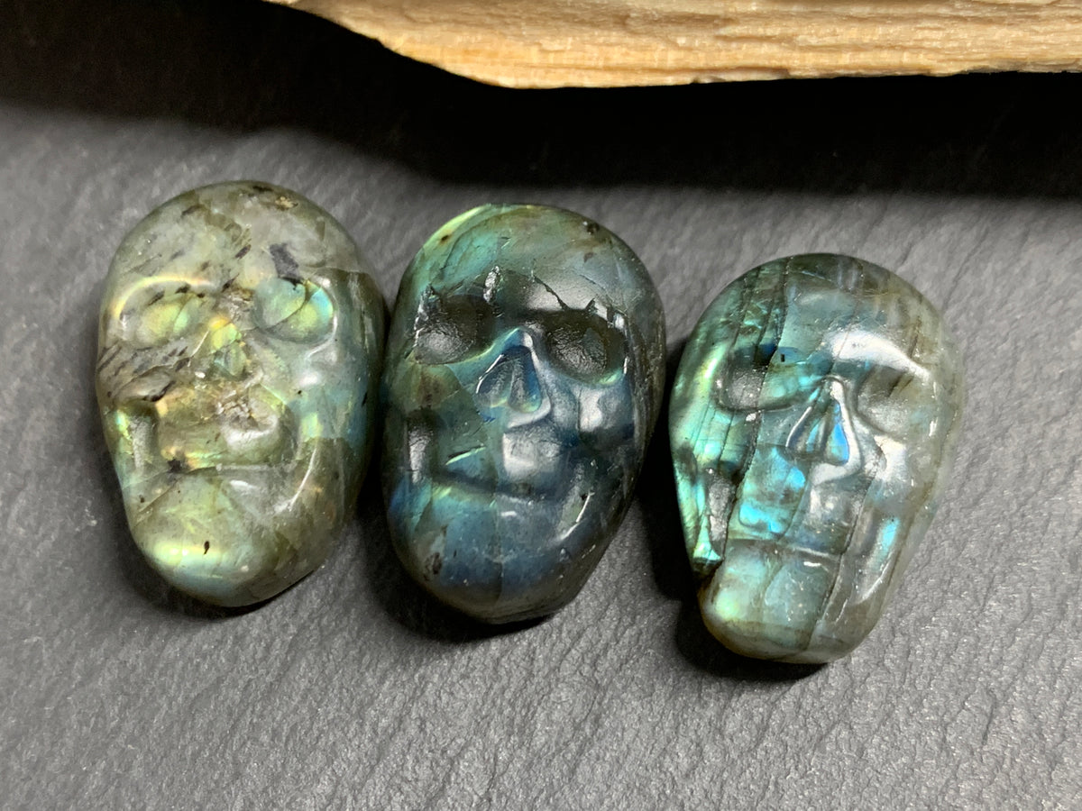 Labradorite Skull Carving 22mm long Blue-Green Flash Crystal Skull, Witchy Jewelry