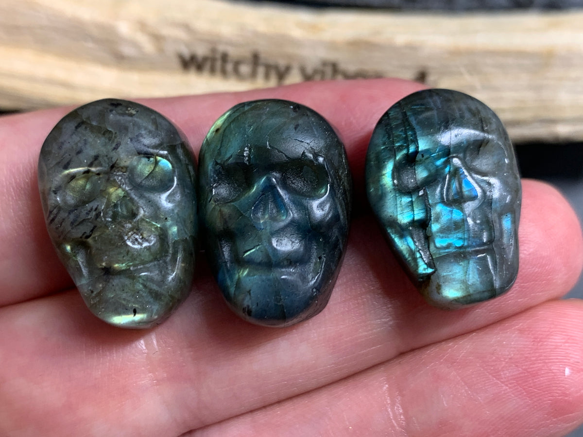 Labradorite Skull Carving 22mm long Blue-Green Flash Crystal Skull, Witchy Jewelry
