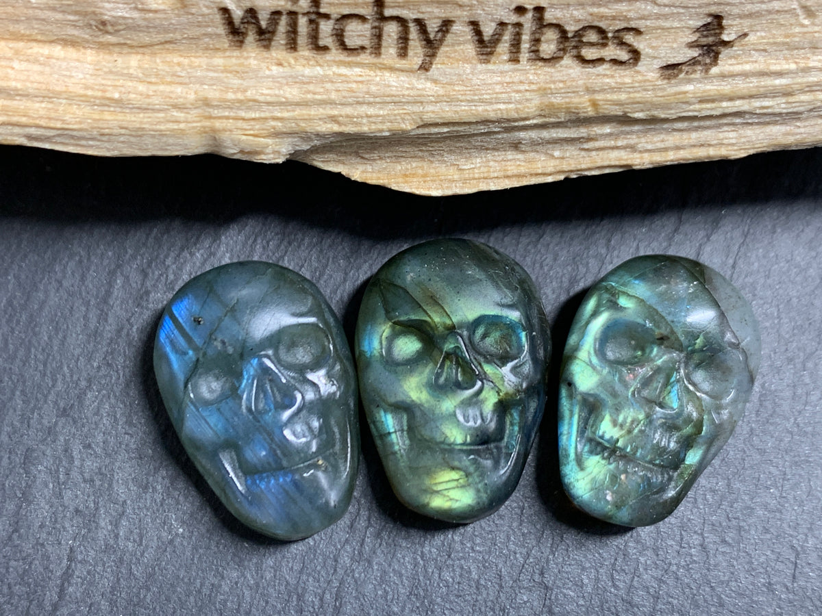 Labradorite Skull Carving 22mm long Blue-Green Flash Crystal Skull, Witchy Jewelry
