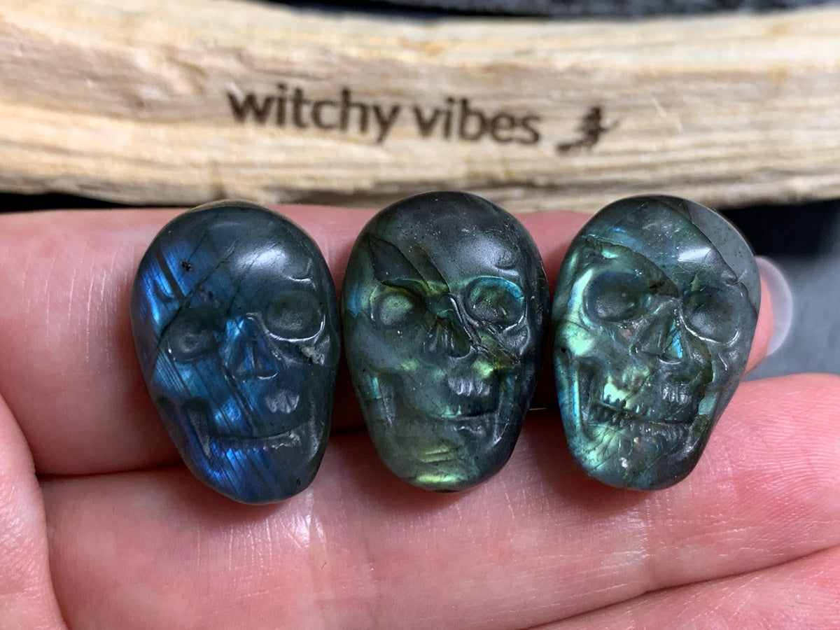Labradorite Skull Carving 22mm long Blue-Green Flash Crystal Skull, Witchy Jewelry