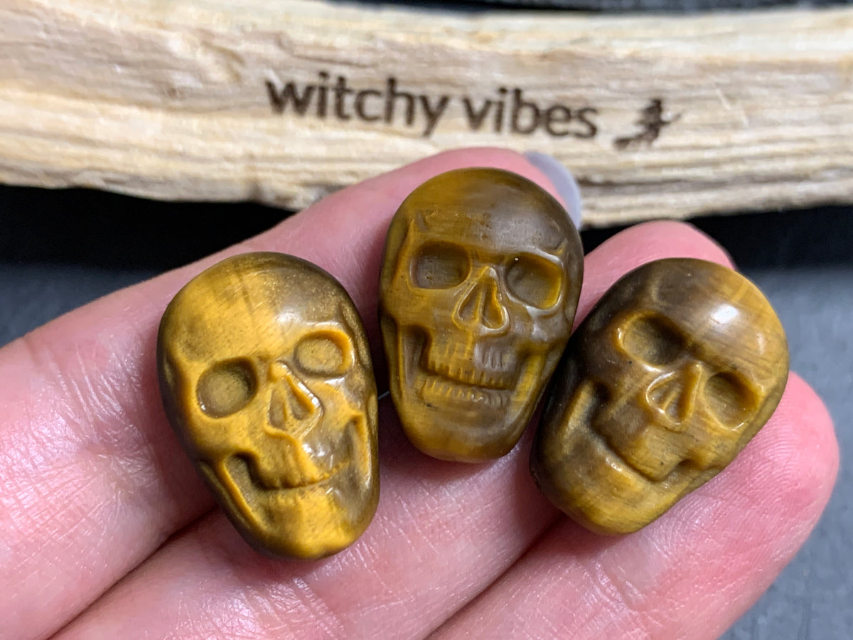 Natural Tiger Eye Skull Cabochon 15x22mm – Polished Carved Gemstone Skull for Jewelry Making