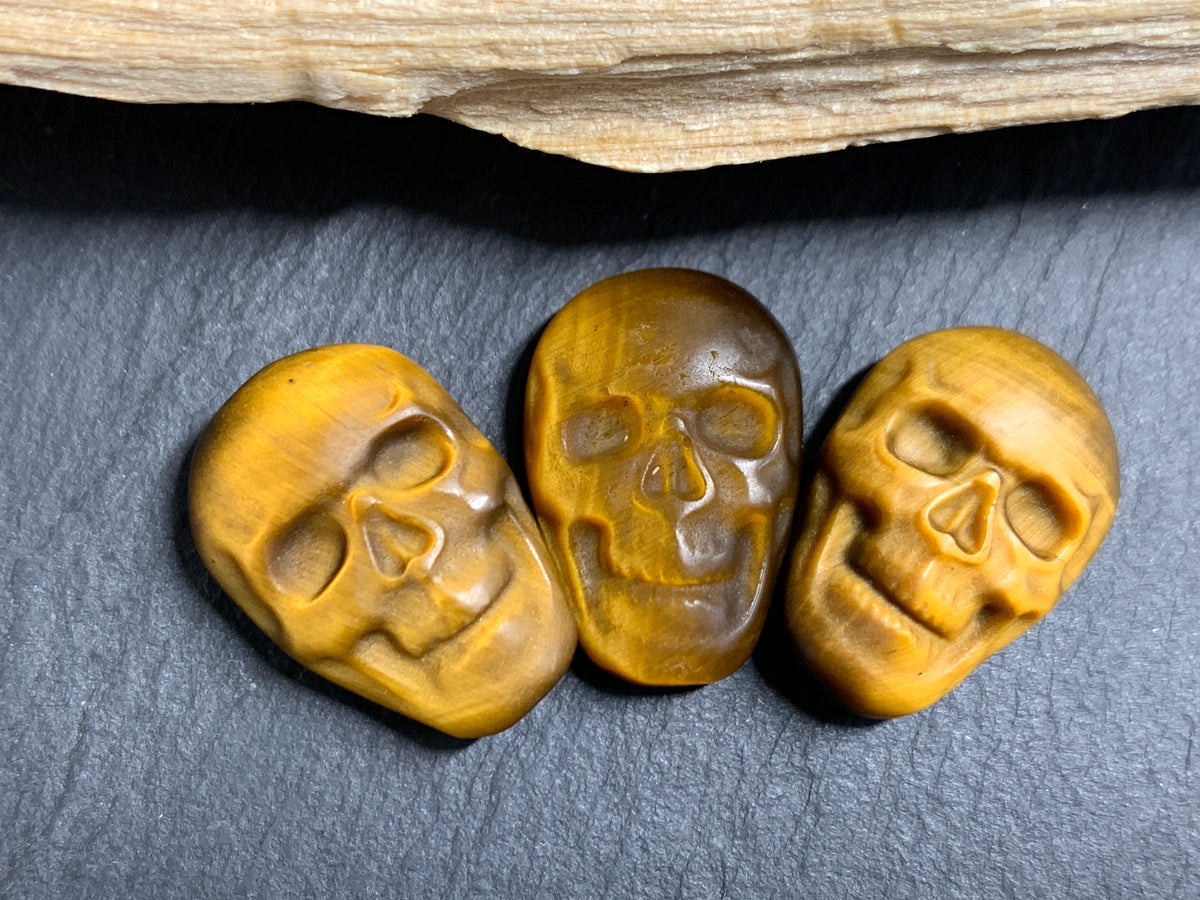 Natural Tiger Eye Skull Cabochon 15x22mm – Polished Carved Gemstone Skull for Jewelry Making