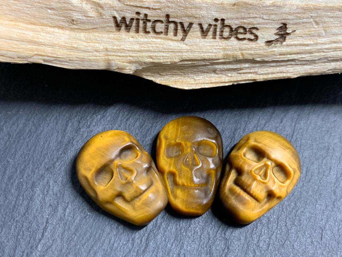 Natural Tiger Eye Skull Cabochon 15x22mm – Polished Carved Gemstone Skull for Jewelry Making