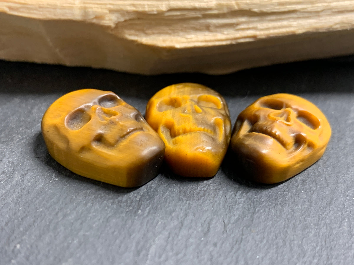Natural Tiger Eye Skull Cabochon 15x22mm – Polished Carved Gemstone Skull for Jewelry Making