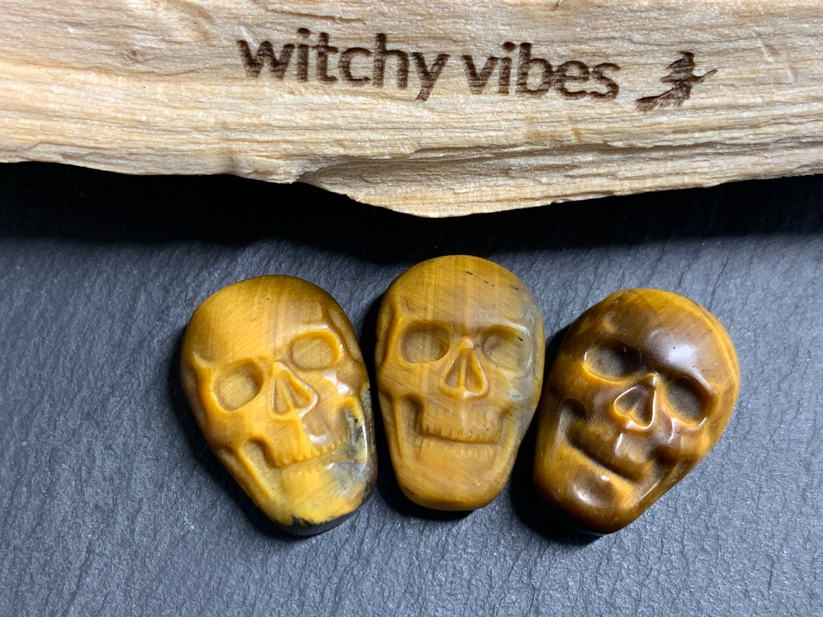Natural Tiger Eye Skull Cabochon 15x22mm – Polished Carved Gemstone Skull for Jewelry Making