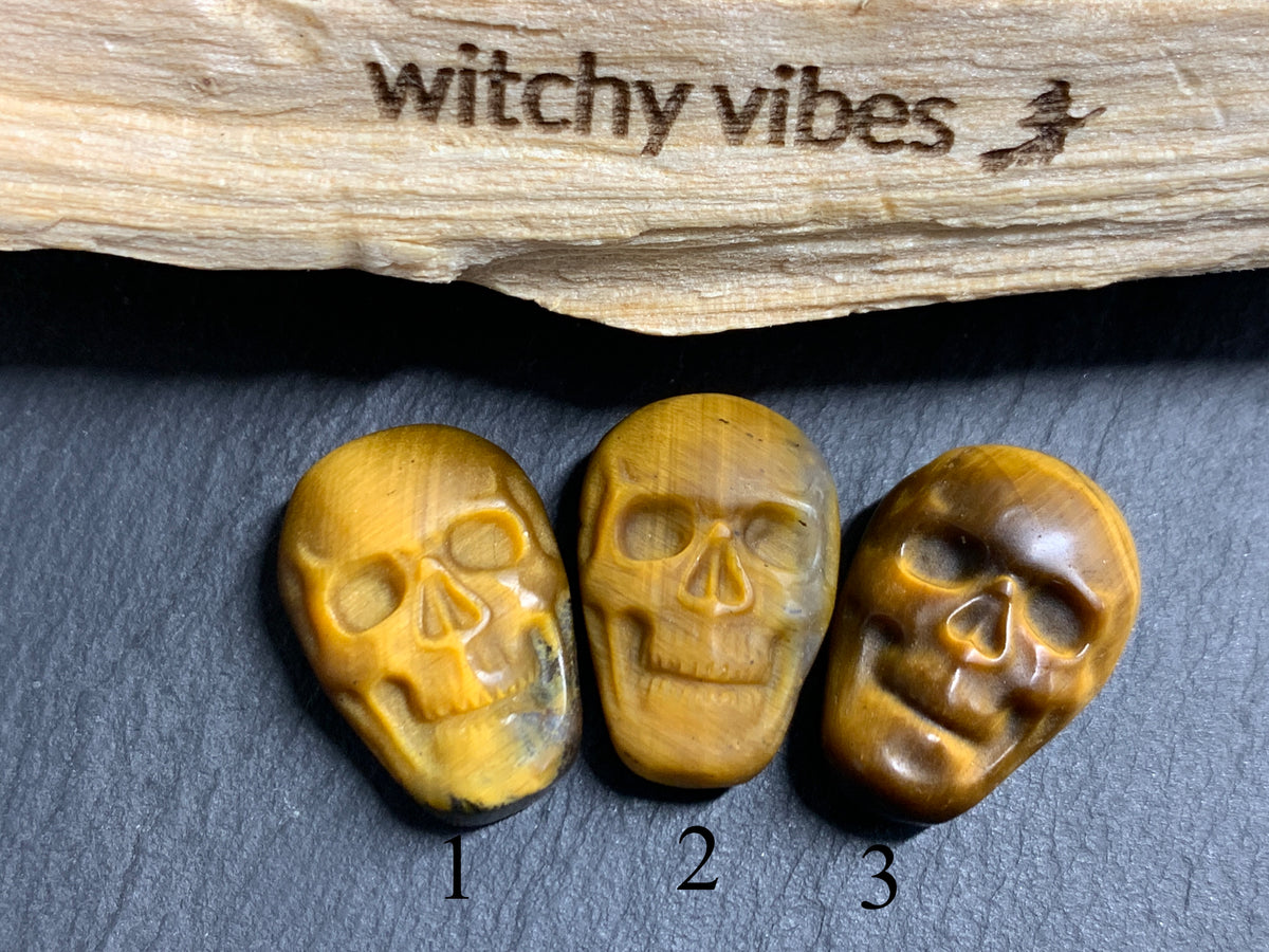 Natural Tiger Eye Skull Cabochon 15x22mm – Polished Carved Gemstone Skull for Jewelry Making
