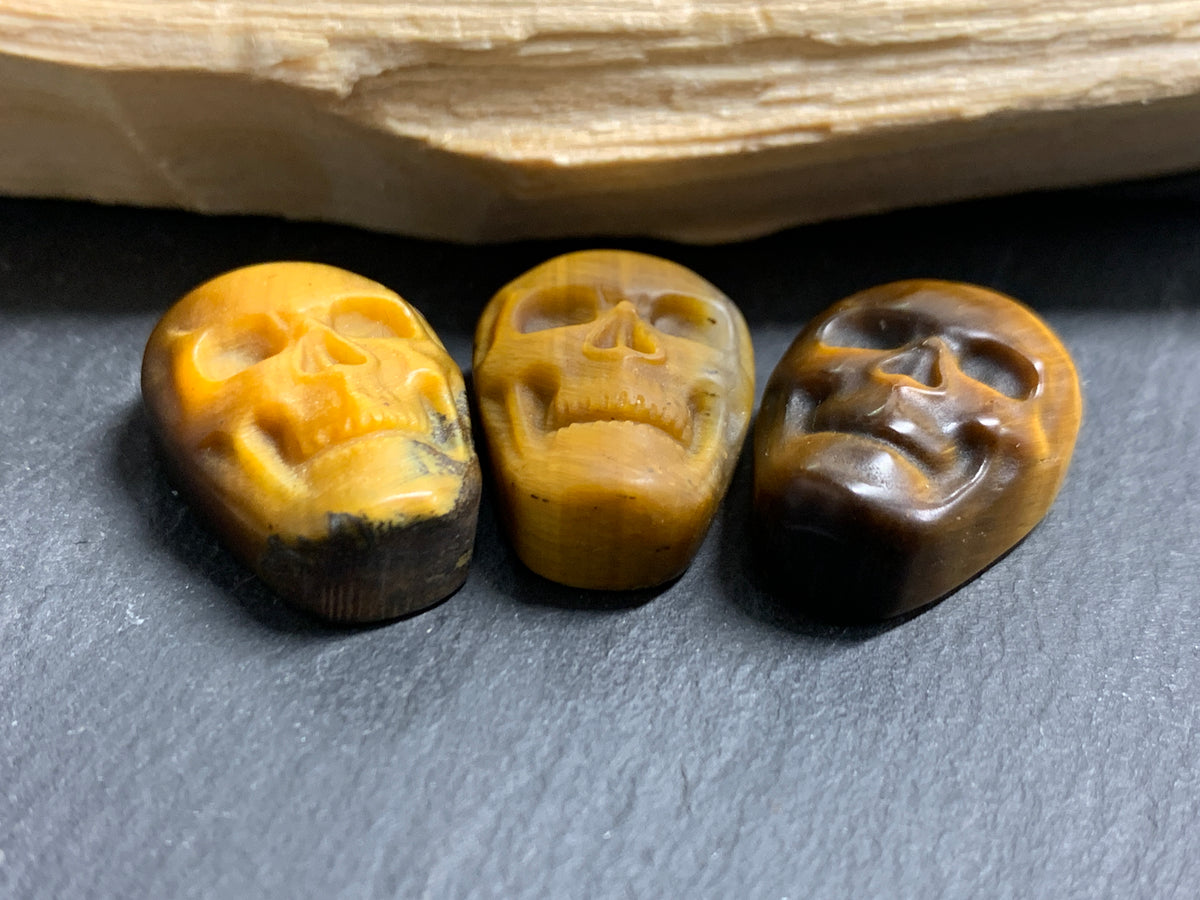 Natural Tiger Eye Skull Cabochon 15x22mm – Polished Carved Gemstone Skull for Jewelry Making