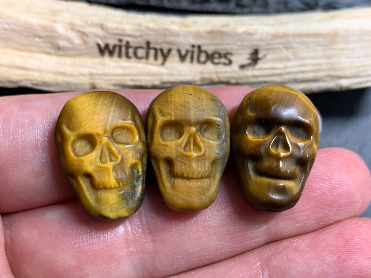 Natural Tiger Eye Skull Cabochon 15x22mm – Polished Carved Gemstone Skull for Jewelry Making