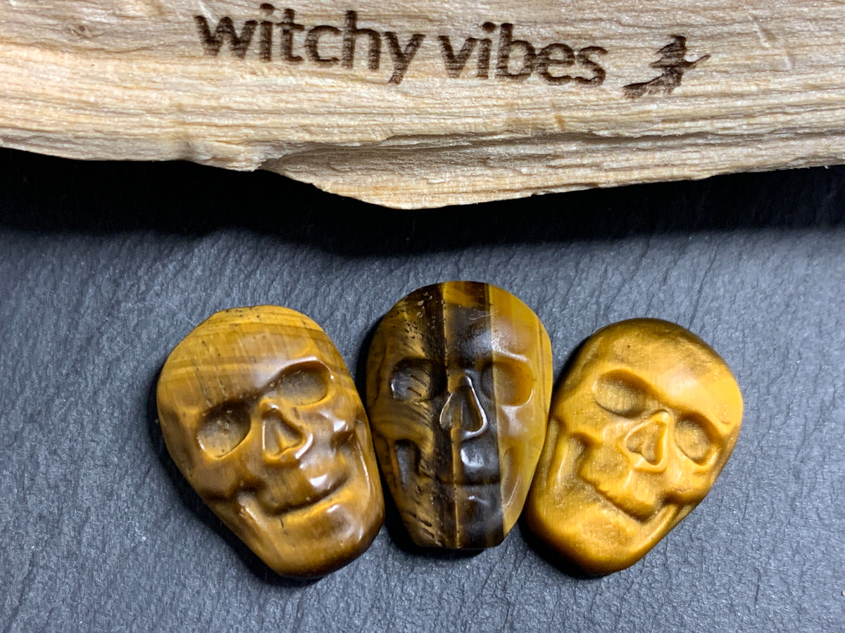 Natural Tiger Eye Skull Cabochon 15x22mm – Polished Carved Gemstone Skull for Jewelry Making