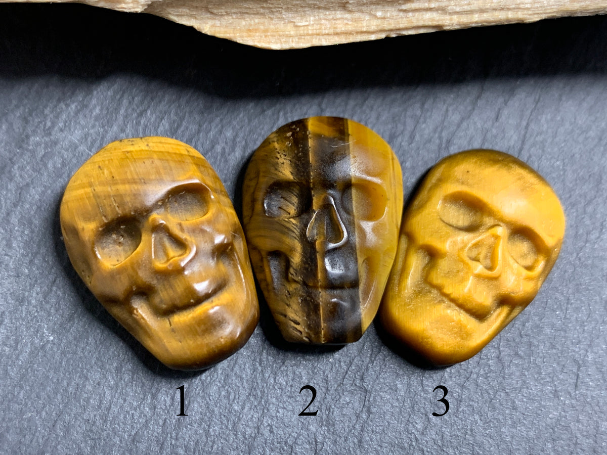 Natural Tiger Eye Skull Cabochon 15x22mm – Polished Carved Gemstone Skull for Jewelry Making