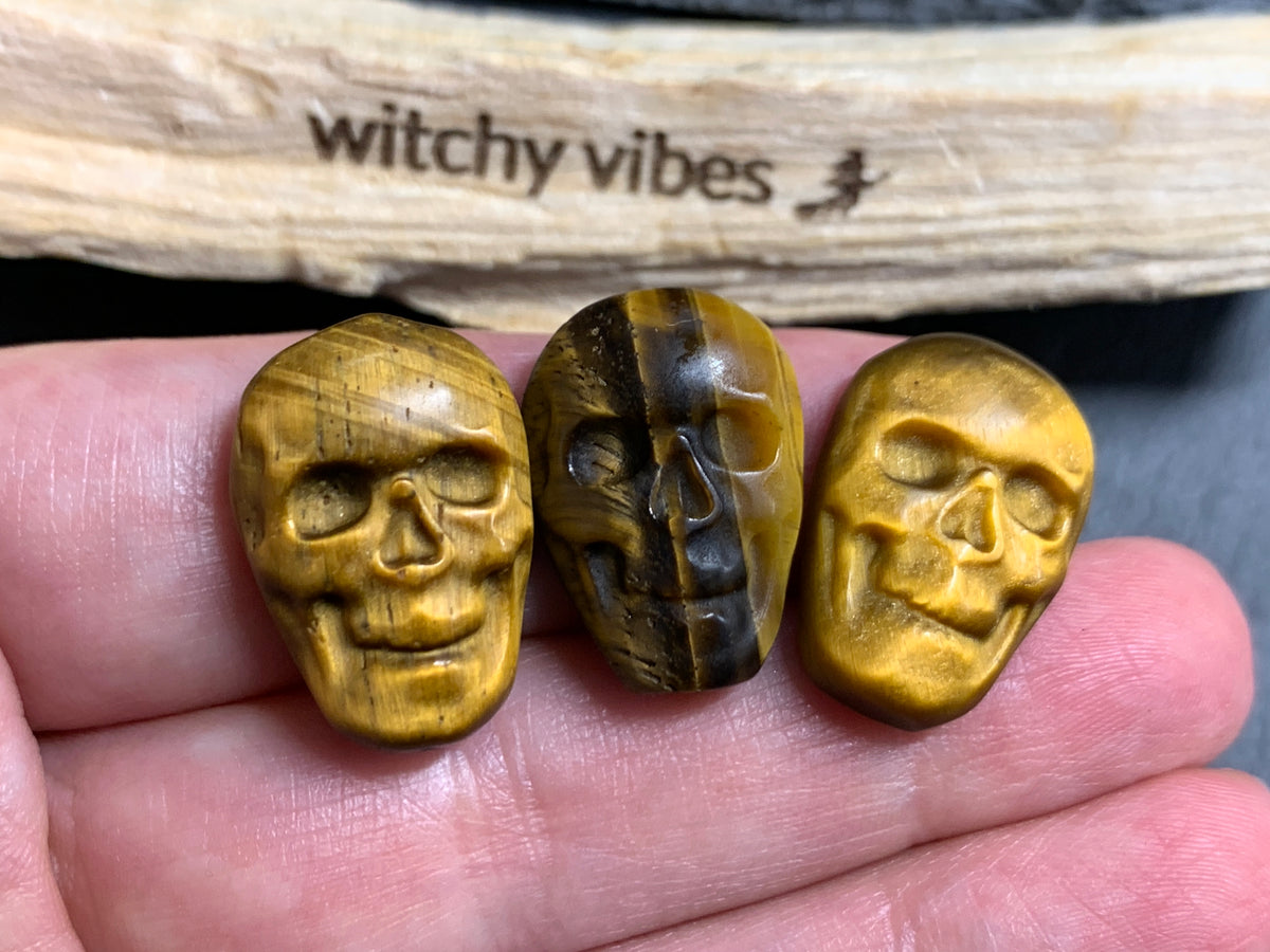 Natural Tiger Eye Skull Cabochon 15x22mm – Polished Carved Gemstone Skull for Jewelry Making