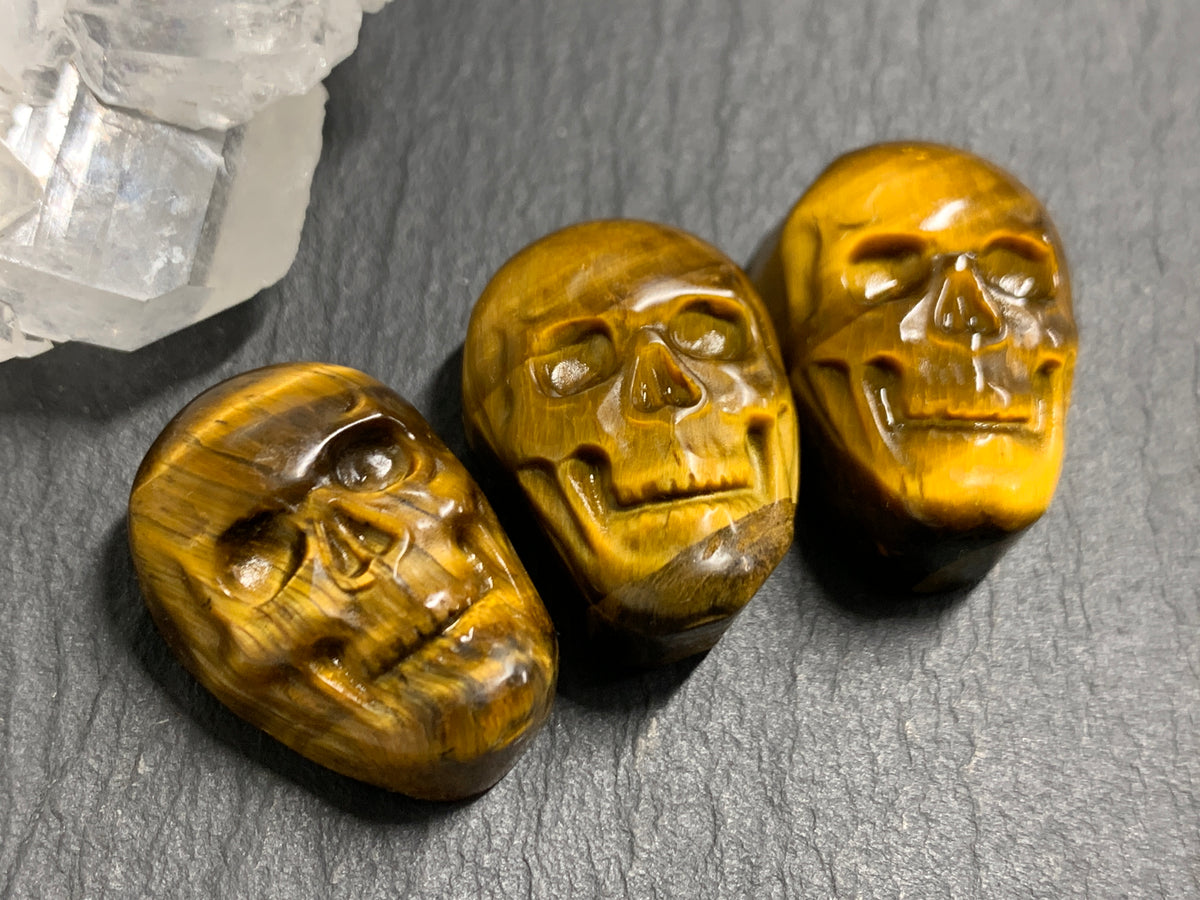 Natural Tiger Eye Skull Cabochon 15x22mm – Polished Carved Gemstone Skull for Jewelry Making