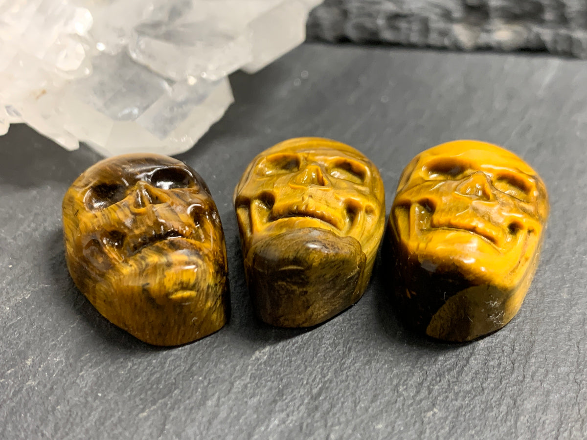 Natural Tiger Eye Skull Cabochon 15x22mm – Polished Carved Gemstone Skull for Jewelry Making