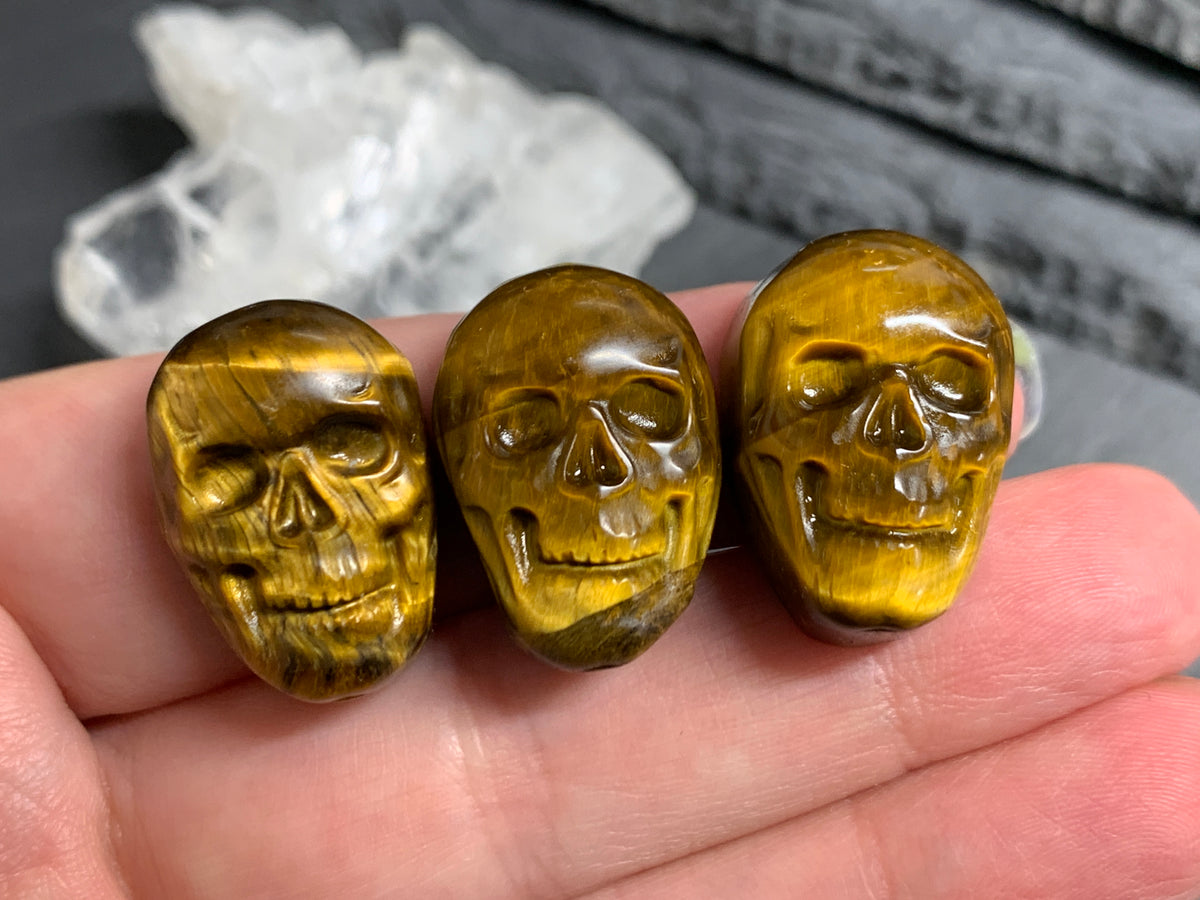 Natural Tiger Eye Skull Cabochon 15x22mm – Polished Carved Gemstone Skull for Jewelry Making
