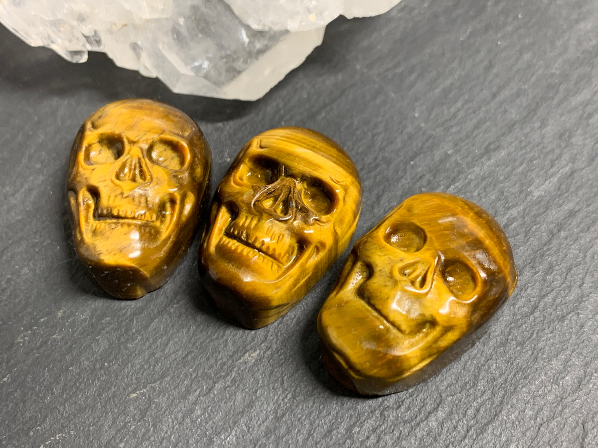 Natural Tiger Eye Skull Cabochon 15x22mm – Polished Carved Gemstone Skull for Jewelry Making