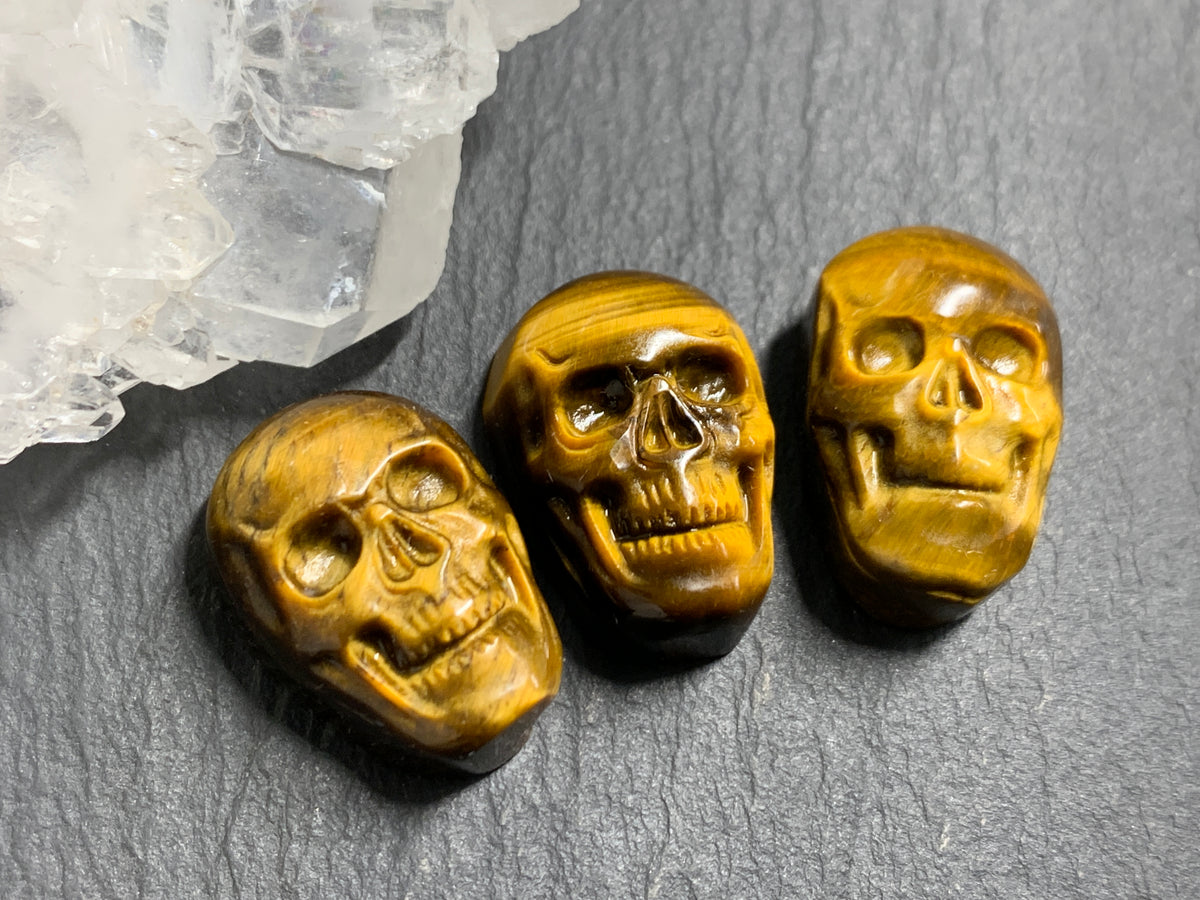 Natural Tiger Eye Skull Cabochon 15x22mm – Polished Carved Gemstone Skull for Jewelry Making