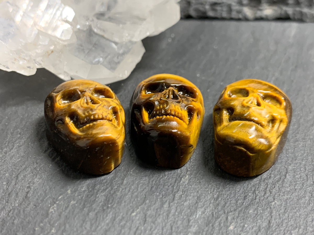 Natural Tiger Eye Skull Cabochon 15x22mm – Polished Carved Gemstone Skull for Jewelry Making