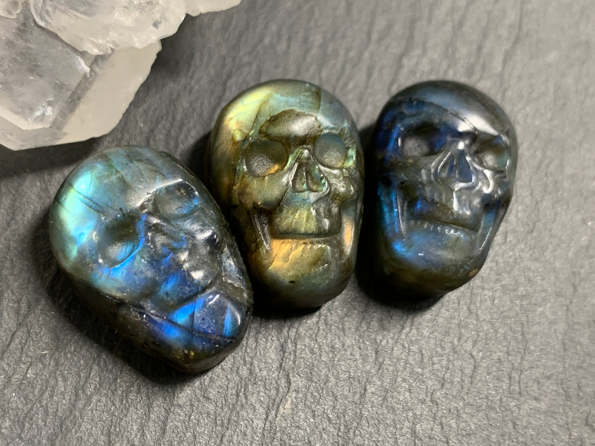 Labradorite Skull Carving 22mm long Blue-Green Flash Crystal Skull, Witchy Jewelry