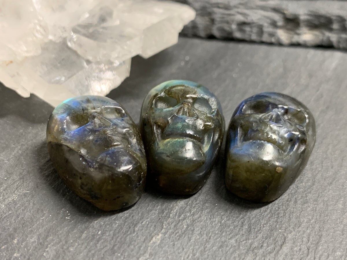 Labradorite Skull Carving 22mm long Blue-Green Flash Crystal Skull, Witchy Jewelry
