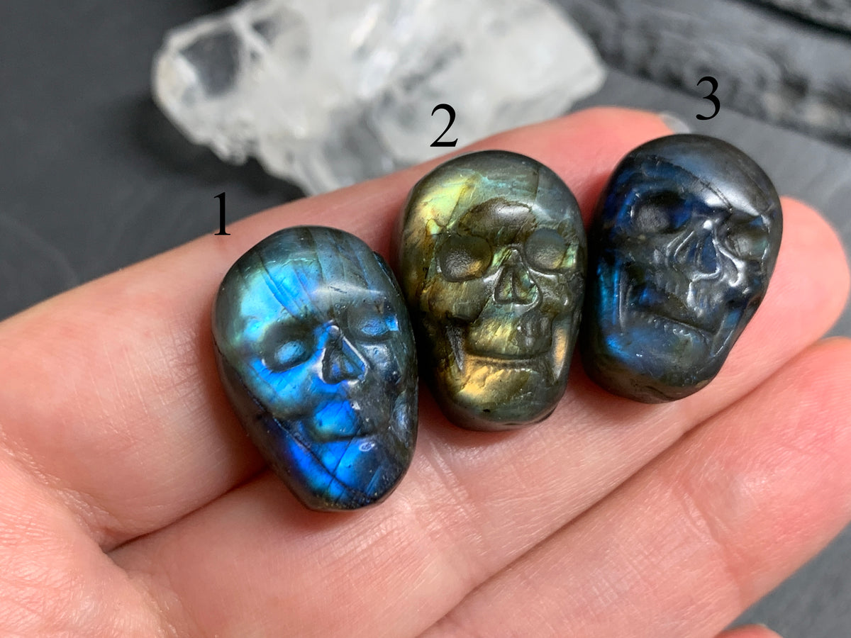 Labradorite Skull Carving 22mm long Blue-Green Flash Crystal Skull, Witchy Jewelry