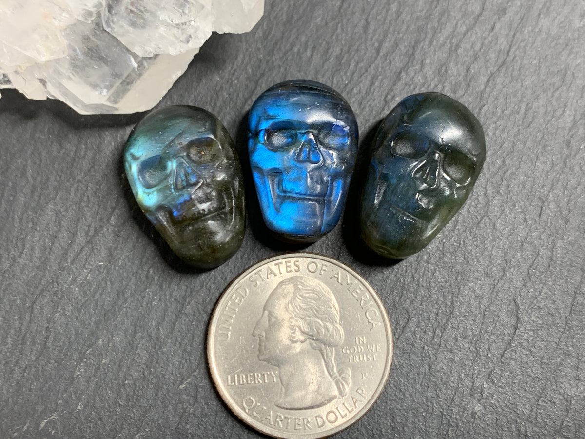 Labradorite Skull Carving 22mm long Blue-Green Flash Crystal Skull, Witchy Jewelry