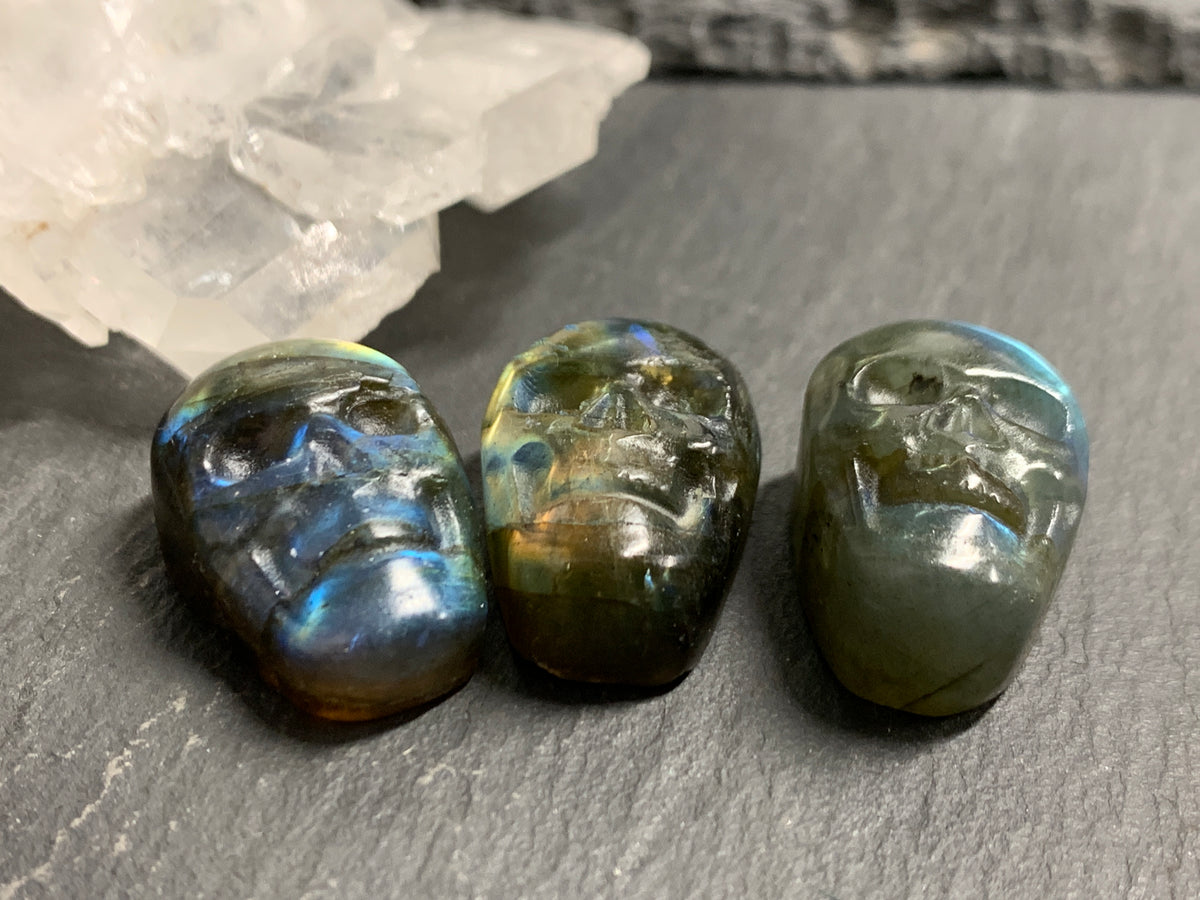Labradorite Skull Carving 22mm long Blue - Green Flash Crystal Skull, Witchy Jewelry