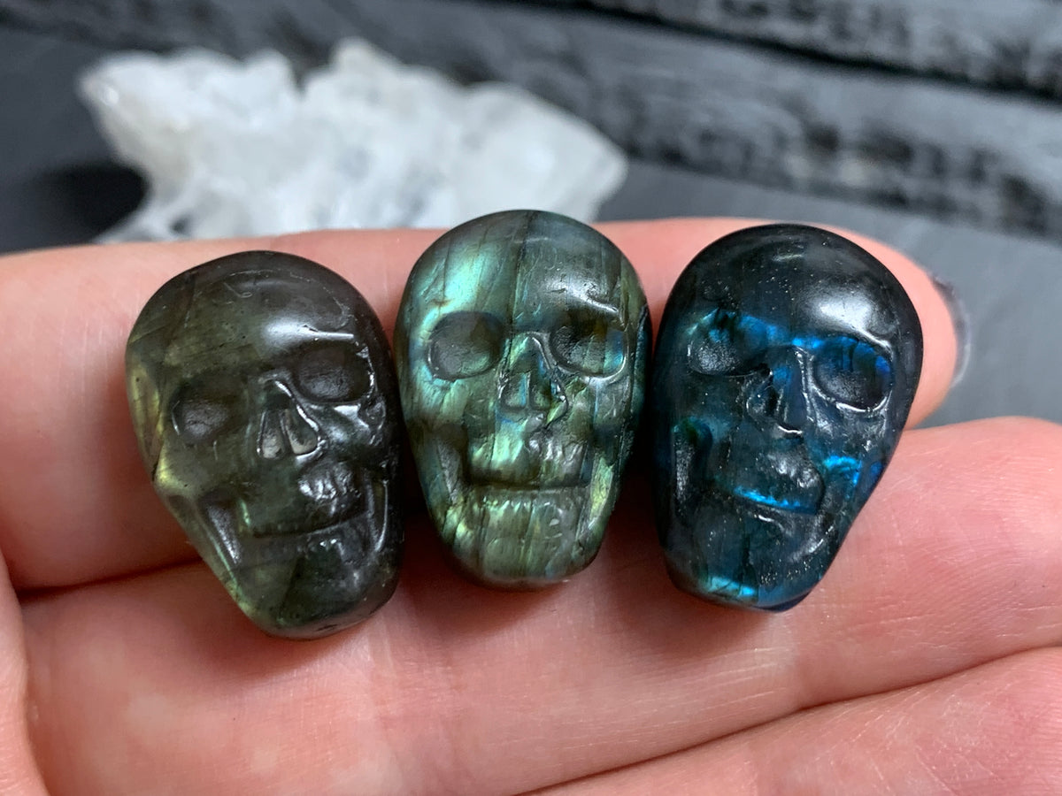 Labradorite Skull Carving 22mm long Blue - Green Flash Crystal Skull, Witchy Jewelry