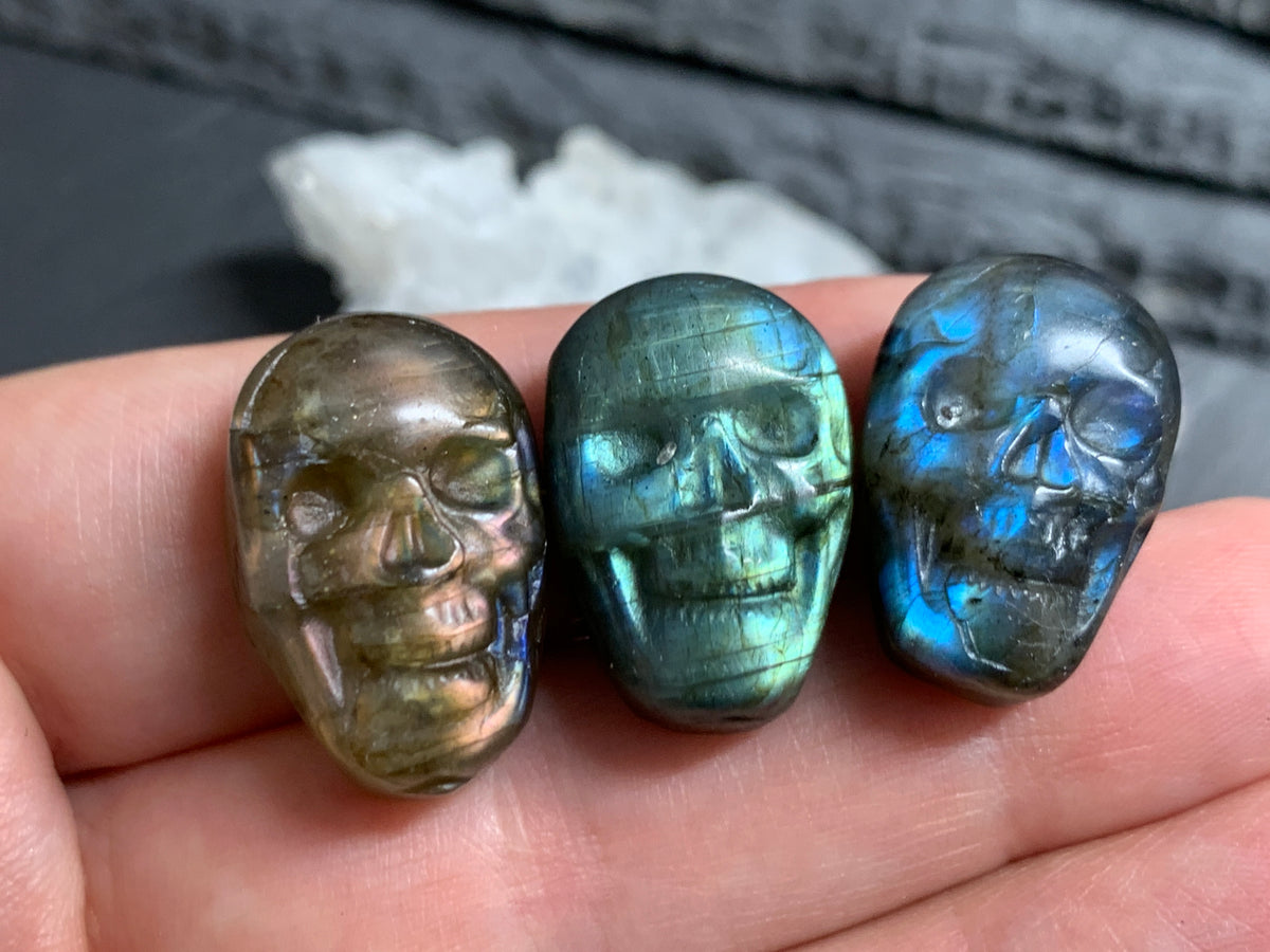 Labradorite Skull Carving 22mm long Blue - Green Flash Crystal Skull, Witchy Jewelry