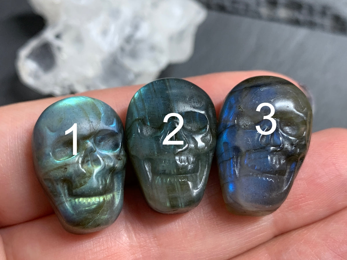 Labradorite Skull Carving 22mm long Blue - Geen Flash Crystal Skull, Witchy Jewelry
