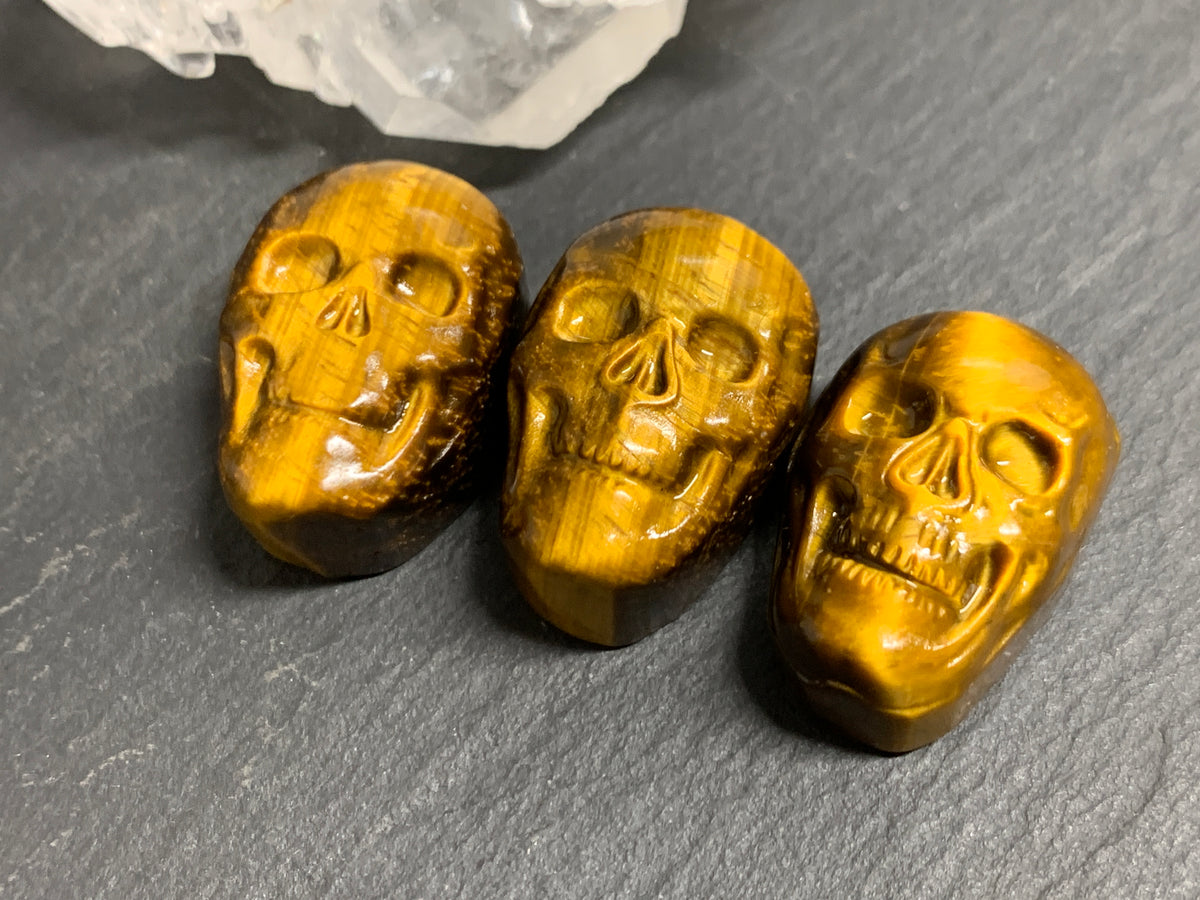 Natural Tiger Eye Skull Cabochon 15x22mm – Polished Carved Gemstone Skull for Jewelry Making