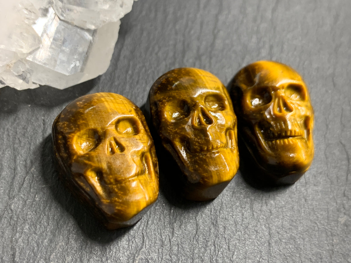 Natural Tiger Eye Skull Cabochon 15x22mm – Polished Carved Gemstone Skull for Jewelry Making