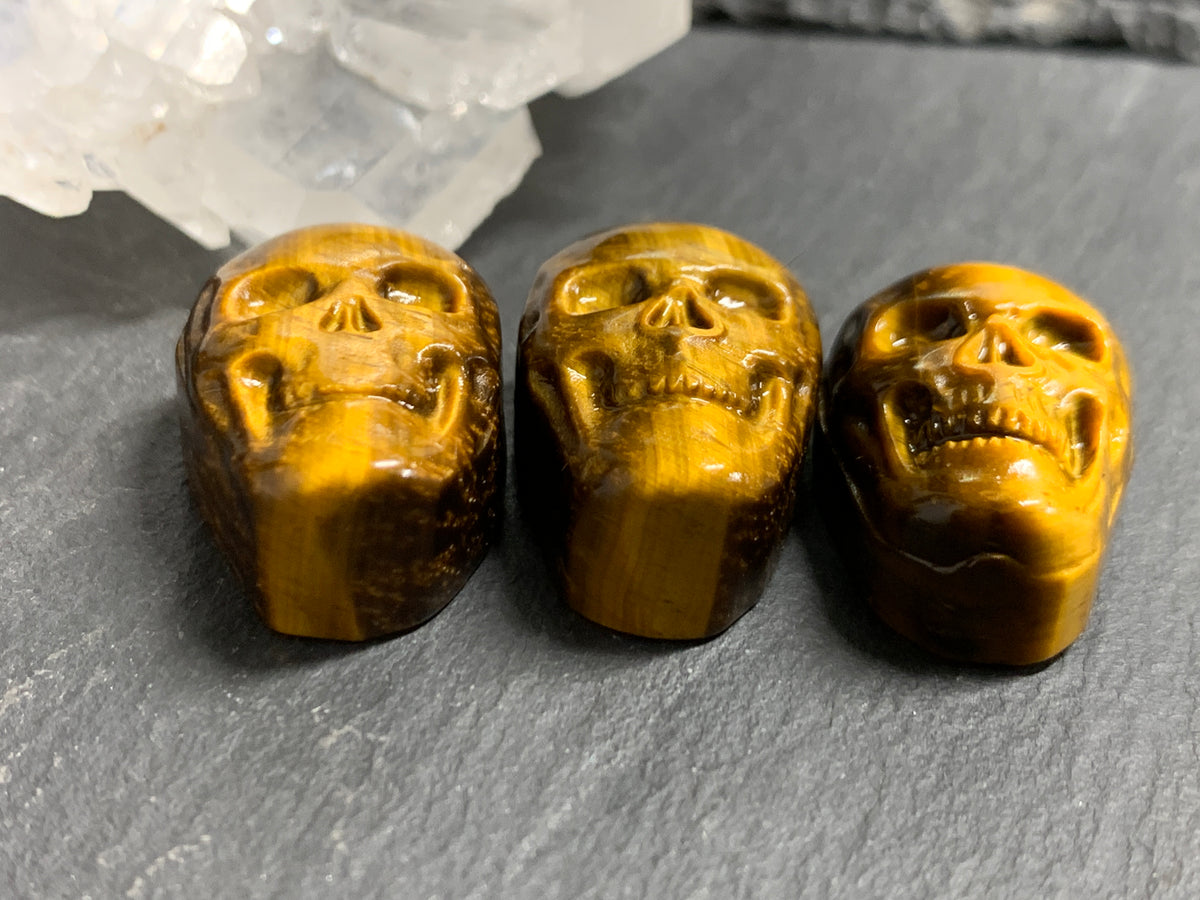 Natural Tiger Eye Skull Cabochon 15x22mm – Polished Carved Gemstone Skull for Jewelry Making