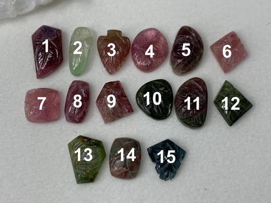 Discounted damaged carved Watermelon Tourmaline 9-15mm long cabochon