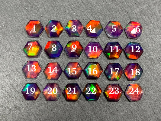 Faceted Aurora Opal hexagon 7mm cabochon - Doublet cabochons