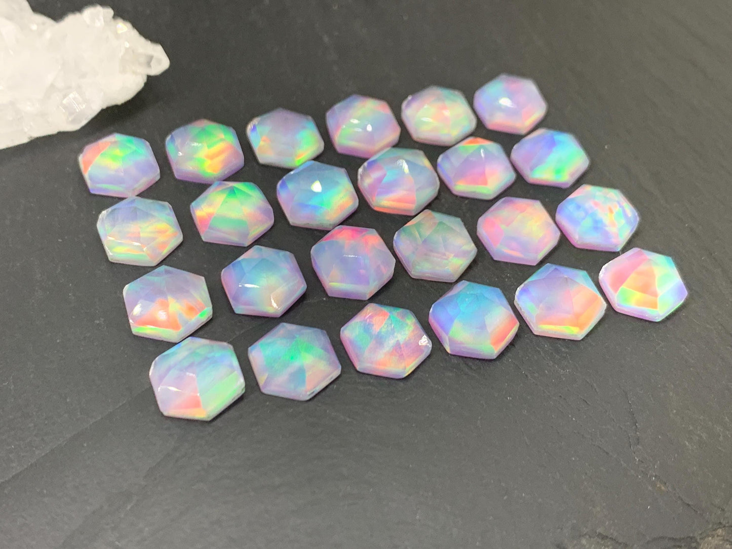 Faceted Aurora Opal hexagon 10mm cabochon - Doublet cabochons - man made Opal