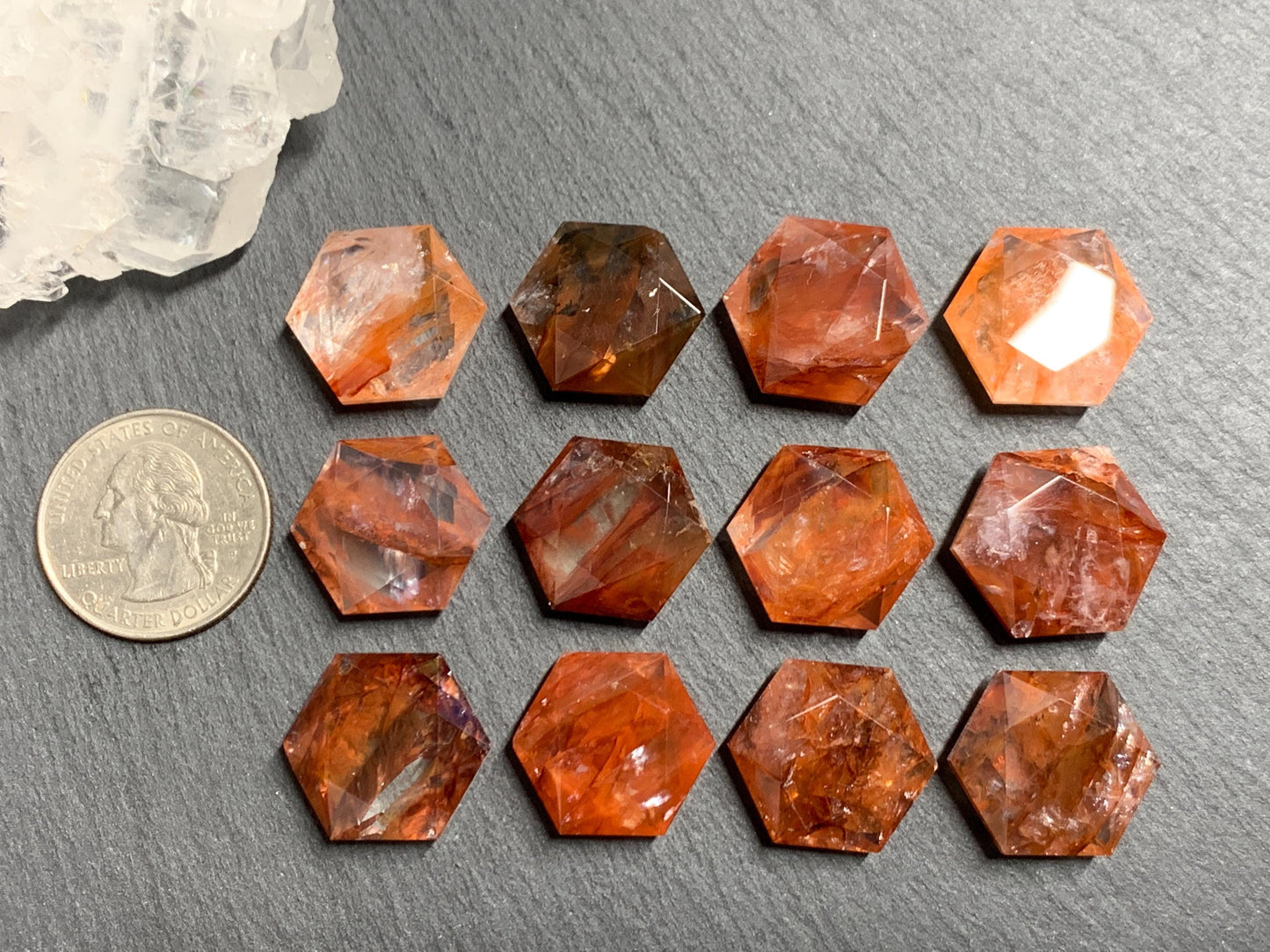 Fire Quartz hexagon 18x21mm faceted from both sides - not a cabochon