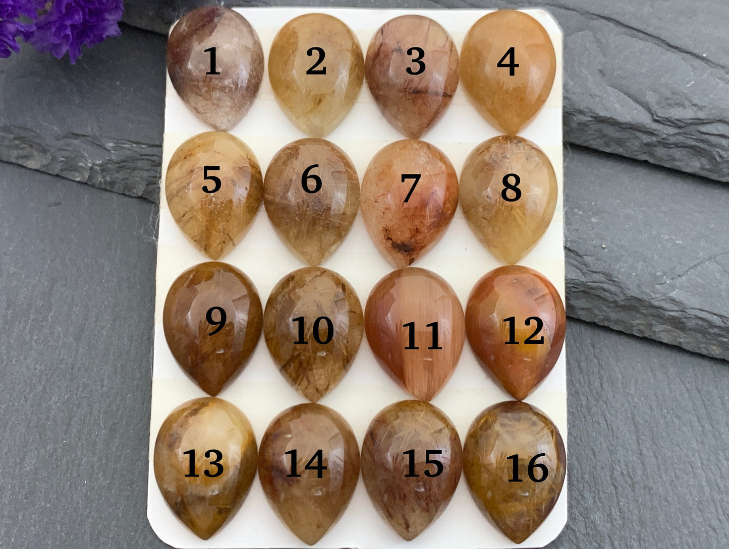 Rutilated Quartz pear 15x20mm cabochon - Calibrated cabochons