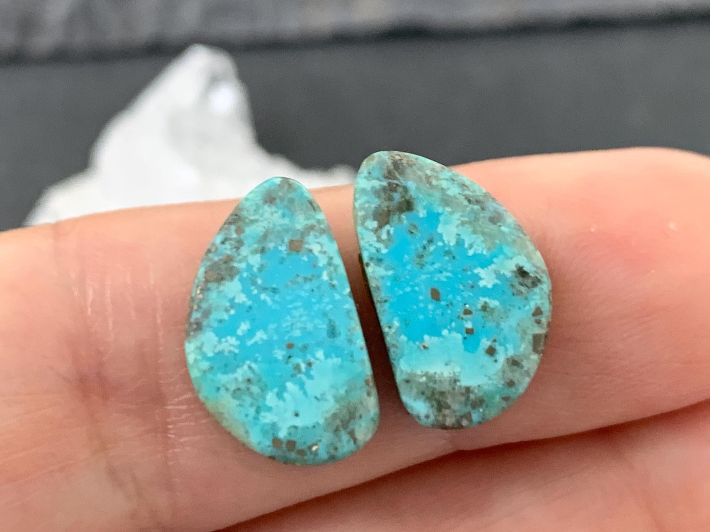 Tibetan Turquoise Pair 9x15mm Cabochon - Hand Cut Cabochon