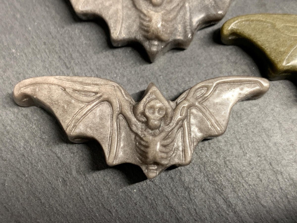Obsidian Bat Carving, Natural Silver Gold Flat Back Gem - 50x20mm