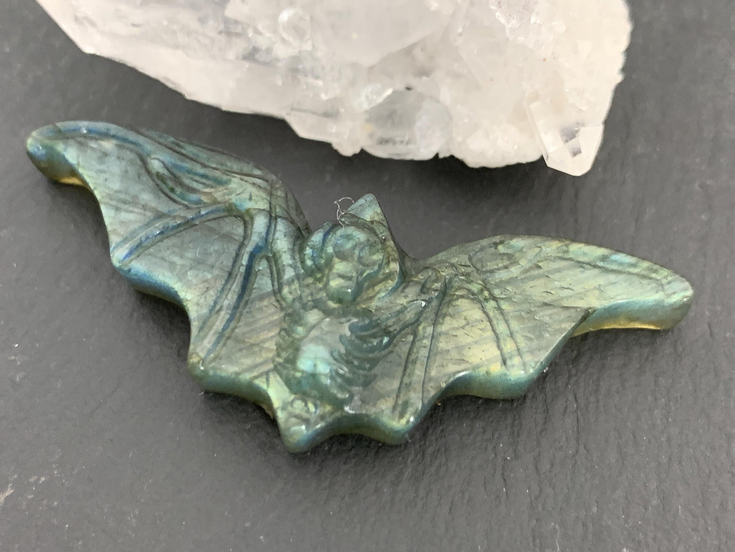 Labradorite skeleton bat 19x48mm flat back carving