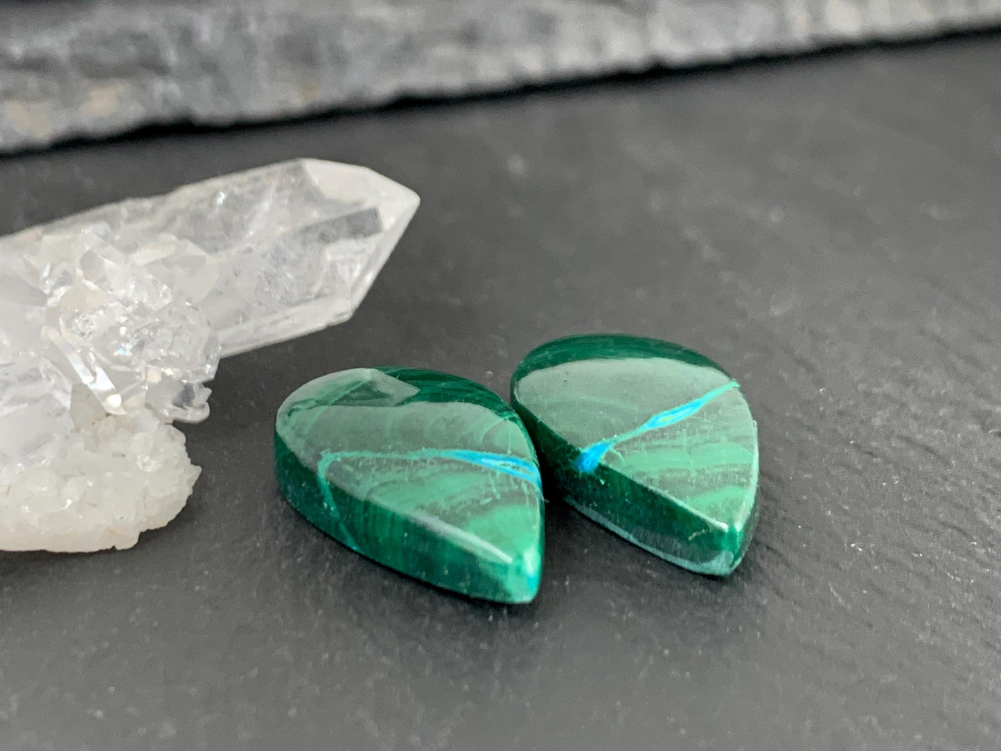 Malachite Chrysocolla pear 12x21x4.5mm cabochon pair
