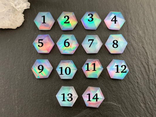 Faceted Aurora Opal hexagon 9mm cabochon - Doublet cabochon