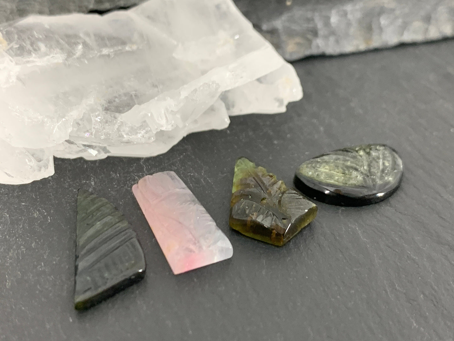 Carved Tourmaline free form 17-21mm long cabochon